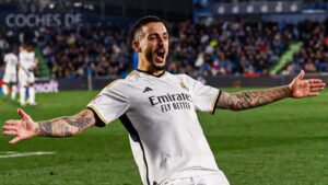 Real Madrid’s Spanish forward Joselu celebrates scoring his team’s first goal.