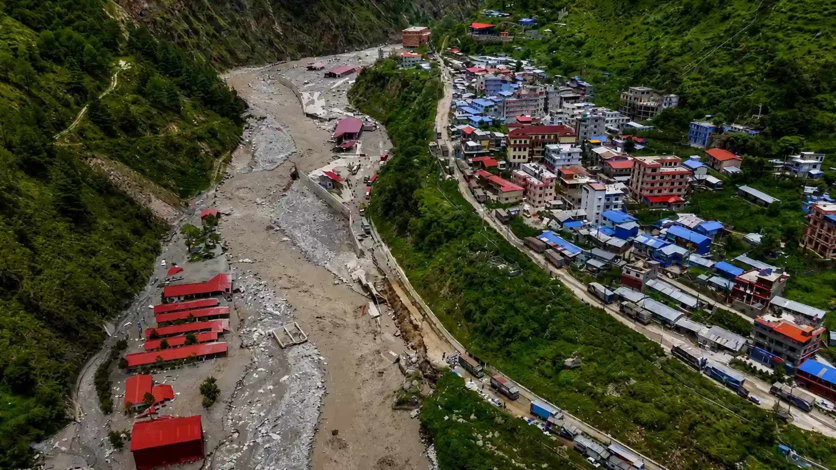 Aerial View of Flooded Mountain Valley Town